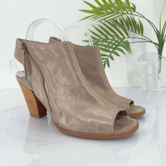 Paul Green Cayanne Beige Tan Shimmer Peep Open Toe Sandal Heel Bootie Size 9.5 - Picture 1 of 14
